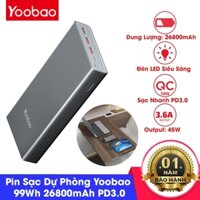 Pin sạc dự phòng Yoobao 99Wh 26800mAh thiết kế vỏ nhôm nguyên khối hỗ trợ sạc nhanh PD 45W, QC 3.0 sạc cho điện thoại laptop, Macbook
