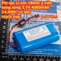 Pin sạc Li-ion 18650 2 viên song song 3.7V 4000mAh 14.8Wh, có sẵn mạch nạp kde8038