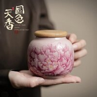 Pink Ru Kiln Trà hoa mẫu đơn Lon gốm gia dụng có thể kín Hộp gốm sứ phong cách Trung Quốc di động có nắp