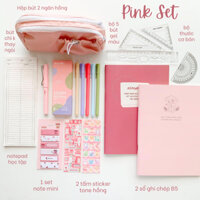 Pink Stationery Set - Bộ Đồ Dùng Học Tập màu Hồng Pastel - Vở B5 Caro Kẻ Ngang | Bút Gel Đen | Giấy Note Trong Suốt Hồng