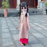[Pinkids] [8-26kg] [1-6 tuổi] Áo Dài Hoa Cách Tân  Cổ Yếm Tết Cho Bé Gái