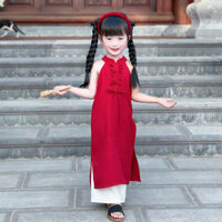 [Pinkids] [8-26kg] [1-6 tuổi] Áo Dài Đỏ Cách Tân Cổ Yếm Tết Cho Bé Gái