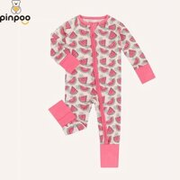 Pinpoo Quần Áo Bé Gái Cao Cấp Sợi Tre Họa Tiết Dưa Hấu Dễ Thương Thoải Mái Dài Tay Body Dây Kéo Đôi Ếch Phù Hợp Với