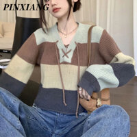 PINXIANG Áo Len Lửng Tay Dài Cổ Chữ V Họa Tiết Kẻ Sọc Màu Sắc Tương Phản Thời Trang Thu Đông Cho Nữ