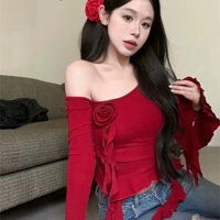 Pinxiang Áo thun dài tay lệch vai màu đỏ dành cho nữ không đều thon gọn vừa vặn áo ngắn
