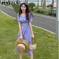 PINXIANG  Đầm Dài Tay Ngắn Cổ Vuông Họa Tiết Sọc Caro Phong Cách Pháp Cổ Điển Thời Trang Mới Cho Nữ