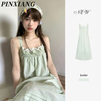 Pinxiang Nữ bạc hà sữa xanh treo váy dài có dây rút lưng không dây buộc