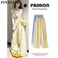 Pinxiang Nữ Dopamine Màu Vàng Chấm Bi Quần Ống Rộng Phong Cách Hàn Quốc Mới Cao Cấp Mùa Hè Mỏng Rời Quần Lau