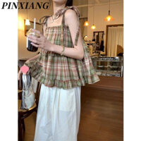 Pinxiang Nữ Mới Retro Phối Ren Cổ Vuông Áo Vest Kẻ Sọc Áo Len Cho Bé Ngắn Camisole Top