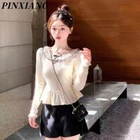 Pinxiang Thu Đông Mới Đáy Áo Len Ren Đường Cổ Còng Ngọt Ngào Và Cay Top