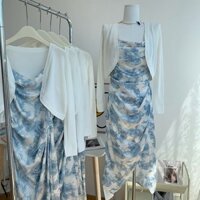 Pinxin [1499 Người theo dõi] Đầm dây hoa retro Pháp nhẹ nhàng cao cấp, áo khoác giảm eo, bộ hai mảnh cho phụ nữ thời trang