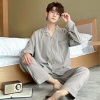 Pinxin Bộ Đồ Ngủ Nam Tay Dài Quần Dài Bốn Mùa Xuân Hè Cotton Mây Áo Cardigan Màu Sắc Đơn Giản Mỏng Có Thể Mặc Ở Nhà