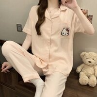 Pinxin [Cửa hàng giảm giá] Bộ đồ ngủ cotton mùa hè Hello Kitty cho phụ nữ, bộ ba món, phong cách hoạt hình ngọt ngào, tay ngắn, quần dài, đồ mặc trong nhà cotton mây