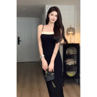 Pinxin Đầm dài cao cấp phong cách Pháp Tea Break Little Chanel, đầm đen có dây cho phụ nữ mùa hè