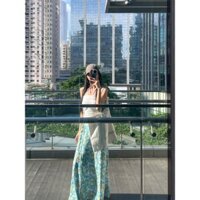 Pinxin [Tỷ lệ mua lại 47%] Bộ đồ phong cách kỳ nghỉ bên bờ biển Kiểu Pháp dây rút ống trên cùng áo vest nữ mùa hè váy hoa màu xanh hai mảnh