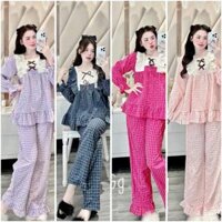 pizama nữ , đồ bộ nữ mặc nhà dáng rộng kẻ caro phối bèo tiểu thư cực xinh ( kèm ảnh thật trãi sàn )