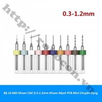 PKK1489 Bộ 10 Mũi Khoan CNC 0.3-1.2mm Khoan Mạch PCB Mini Chuyên Dụng