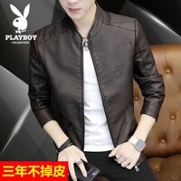 Playboy Áo Khoác Bóng Chày Bằng Da Lót Lông Cừu Dày Dặn Dáng Ôm Thời Trang Cho Nam/Áo Khoác Bóng Chày Playboy Chất Liệu Da Phối Nhung Dày Dặn Thời Trang Xuân Thu Cho Nam Giới