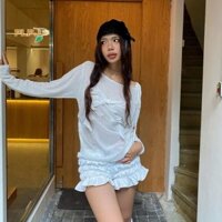 Plpj Nữ Thời Trang Nơ Dài Tay Phối Ren Hơi Trong Suốt Áo Thun Dệt Kim MỚI