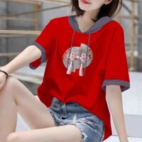 Plus Kích Thước Có Mũ Trùm Đầu Bao Bụng Ôm Hơn Nhìn In Hình Nữ Áo Thun Tay Ngắn