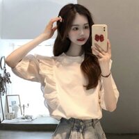 [Plus Size] (40-125kg) Áo Kiểu Tay Ngắn Có Bèo Nhún