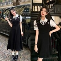 Plus Size Nữ Mùa Hè Preppy Phong Cách Giả Hai Mảnh Mỏng Hơn Nhìn Đầm Ẩn Mỏng Hơn Nhìn Váy Đen Phong Cách Preppy Jumpsuit 25.1.3