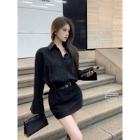 Plus Size Nữ Mùa Thu Màu Đen Cổ Áo Sơ Mi Tay Dài