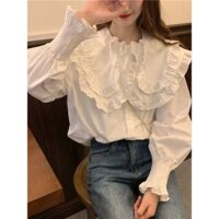Plus Size Nữ Mùa Xuân 2025 Thiết Kế Phong Cách Mới Lá Sen Cổ Áo Sơ Mi Mỏng Hơn Nhìn Puff Dài Tay Áo Sơ Mi Trắng Top
