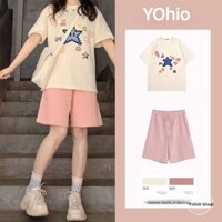 Plus size nữ sinh hàn quốc t-shirt rời dễ thương màu hồng quần đùi ống rộng ống rộng