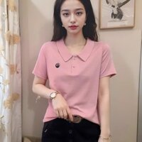 Plus Size Peter Pan Cổ Áo Thun Nữ Tay Ngắn Thêu Cho Nữ 2024 Mới Đa Năng Đế Top