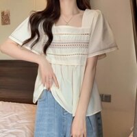 Plus Size Quần Áo Nữ Kaki Tay Ngắn Mùa Hè Thêu Cổ Vuông Vai Áo Thun Pháp Retro Béo mm Bao Bụng Top Tây Tạng