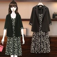Plus Size Rời Bộ Văn Phòng / Trang Trọng OL Mặc Nữ Mỏng Áo Blazer Thường Ngày + Voan Không Tay Váy Ral Hoa Cúc Nhỏ