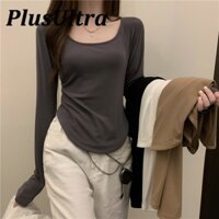 PlusUltra Áo thun tay dài dáng ôm thiết kế bất đối xứng thời trang cho nữ