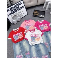 [Poba.105] set baby three cho bé gái. Áo cotton phối viền mix quần jeans suông mài bạc, hình in đẹp