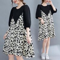 PODICA dưới 90kg Váy Bigsize giả yếm suông hoạ tiết chấm đen, váy bầu mặc thoải mái