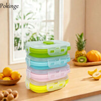Pokinge 4 Hộp đựng thực phẩm tươi sống, Hộp đựng thực phẩm bằng silicon kín có thể gập lại, Hộp đựng đồ ăn nhẹ đa chức năng 150ml có nắp đậy Hộp đựng đồ ăn nhẹ cho trẻ em đi bộ đường dài