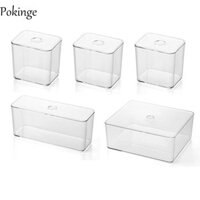 Pokinge 5 Cái / bộ Hộp đựng ngăn kéo trong suốt, Thùng đựng văn phòng phẩm bằng nhựa lỗ tròn chống bụi, Đế nâng cao đa năng bền bỉ có nắp Bộ dụng cụ trang điểm Mỹ phẩm