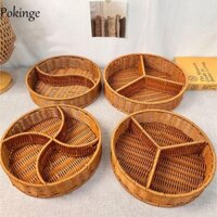 Pokinge Giỏ lưu trữ mây giả POKINGE, Khay phục vụ trái cây dệt chia thủ công, ngăn 2 / 3 / 4 sáng tạo Đồ ăn nhẹ để bàn tròn chắc chắn Dụng cụ sắp xếp rau củ
