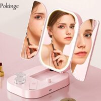 Pokinge Gương trang điểm gấp ba POKINGE, Gương trang điểm phóng đại 1x / 2x / 3x có đèn LED, Chiếu sáng 3 màu với kính áp tròng Máy làm sạch gương mỹ phẩm di động
