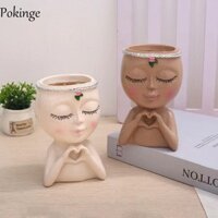 Pokinge Love Girl Flowerpot, Chậu hoa bé gái thời trang Mini sáng tạo, Trang trí nhà cửa Mô phỏng nhiều màu độc đáo cho bé gái Mặt đầu trồng hoa để bàn