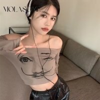 Polaroisome Áo Thun Tay Dài Hở Vai Dáng Ôm Màu Trơn Thời Trang 2023 Dành Cho Bạn Nữ