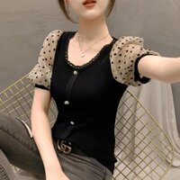 Polka dot puff sleeve sweater của phụ nữ cổ tròn hình tâng bốc tay ngắn trên cùng