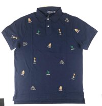 Polo Ralph Lauren Men's Custom Slim Fit Embroidered Multi Logo Polo Bear Shirt (XX-Large, Navy)