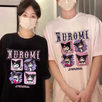 [Polyester] Áo thun ngắn tay in hình cặp đôi hoạt hình Kuromi Áo thun nữ cổ tròn dáng rộng đa năng