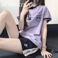 [Polyester] Bộ đồ nữ in họa tiết thường ngày mùa hè Kuromi Áo thun ngắn tay cổ tròn và quần Short Bộ hai mảnh