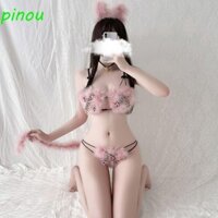 Poou Nữ Bộ Đồ Lót Thông Có Đuôi Ngọt Cosplay Trang Phục Sang Trọng Tai Mèo Băng Đô Ba Điểm Bộ Đồ Lót