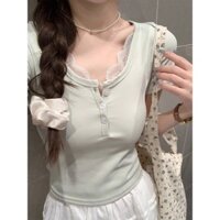 Porozi Mùa Hè 2024 Phải Có Pure Desire Ren Splice Cổ Chữ U Áo Nữ S Ngắn Slim Fit Top