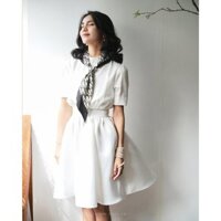 POXI - Váy ngắn ngang gối thanh lịch cổ điển, tiệc, công sở - Đầm cổ trụ, tay lửng, nhún phồng eo