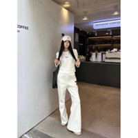 PRAD* Spring Summer New Casual Set Triangle Logo Decor Short Pullover Top+Elastic Waist Flared Pants