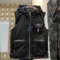 Prada2024 Phong Cách Mới Có Mũ Trùm Đầu Áo Khoác Thêu Nam Dạo Phố Áo Khoác